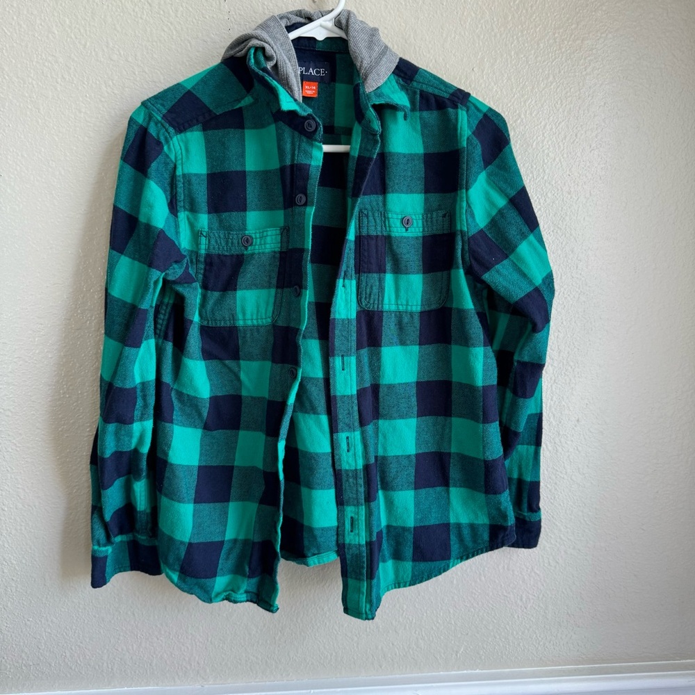 Childrens place green plaid hooded flannel size 14